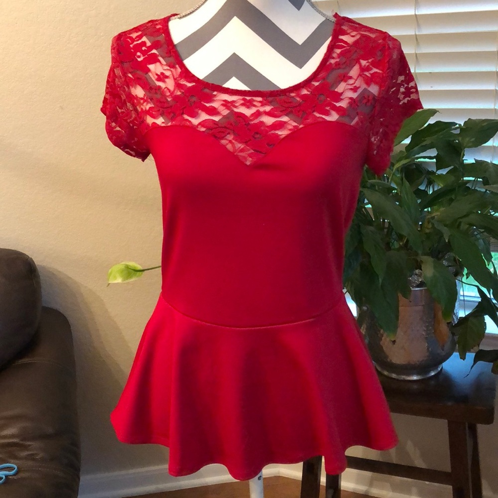 Ambiance Apparel Red Lace Insert Blouse with Frill